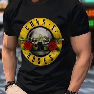 T-shirt Homme Guns N' Roses Crâne & Roses Graphique - 100% Polyester Col Rond Décontracté, Lavable en Machine Coupe Standard, Marque de Groupe Rock pour Fans de Musique, Vêtements pour Fans de Musique | Style Audacieux | Tee Durables, T-shirts de Groupes