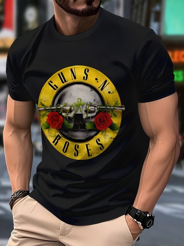 T-shirt Homme Guns N' Roses Crâne & Roses Graphique - 100% Polyester Col Rond Décontracté, Lavable en Machine Coupe Standard, Marque de Groupe Rock pour Fans de Musique, Vêtements pour Fans de Musique | Style Audacieux | Tee Durables, T-shirts de Groupes
